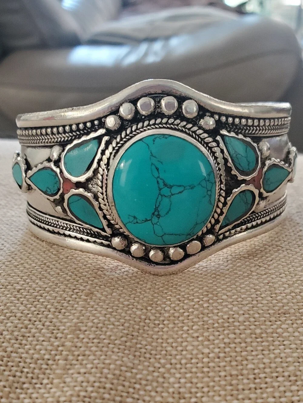 Boho German Silver Plated Turquoise Wide Statement Cuff Tribal Bracelet Western